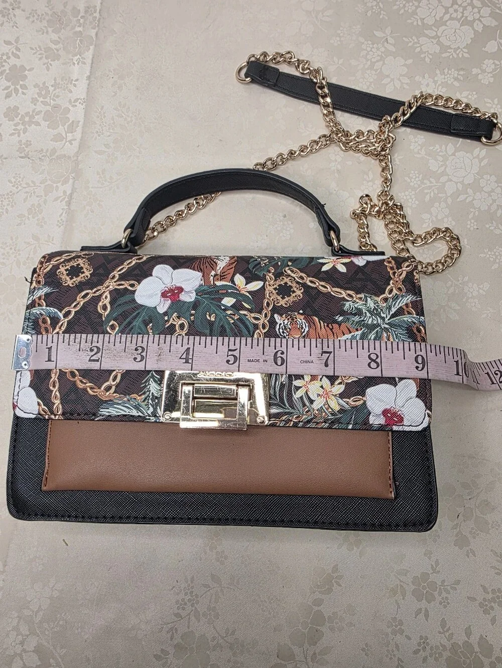 ALDO Tropical Tiger Floral Chain Print Top Handle Crossbody Satchel Bag